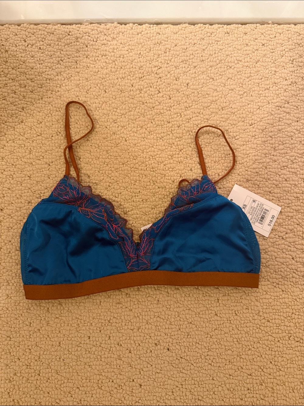 Blue Lace-Trim Bralette with Brown Straps